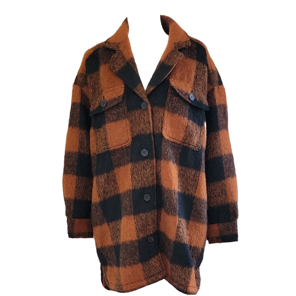 Old Navy Orange Black Buffalo Plaid Barn Jacket Cozy Fall Essential Size L NWT